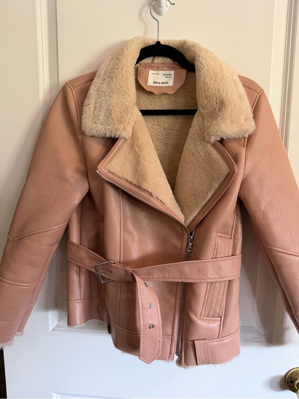Zara Pink Faux Leather Shearling Biker Jacket